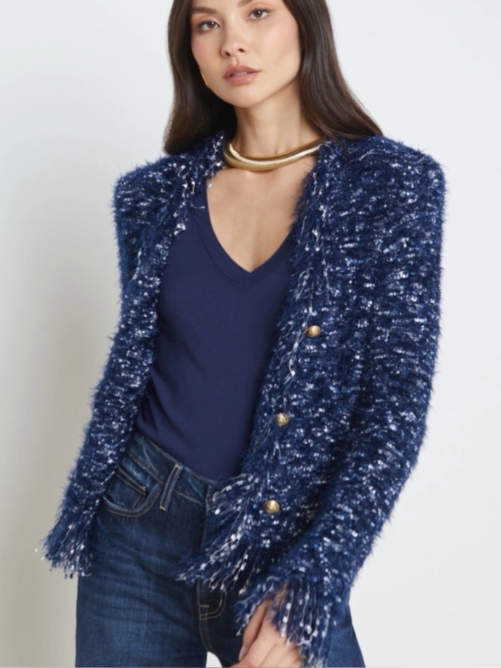 L'Agence Azure Navy Blue Fuzzy Cardigan